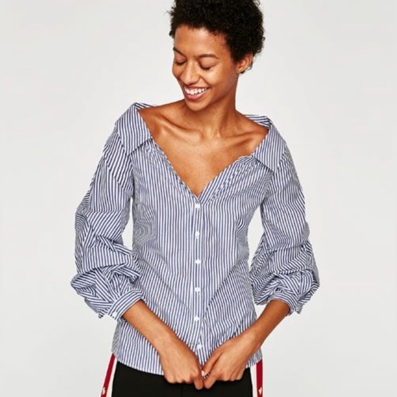 Zara Striped Blouse with Embellished Sleeves size Small blue and white color - Picture 1 of 10